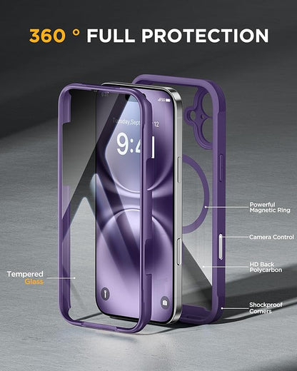 Miracase for iPhone 16 Case 6.1'', [Bubble Free] Full-Body Bumper Phone case with Built-in Full Glass Screen &Lens Protector,No Gap,Compatible with MagSafe,Drop Proof 16 Cover,Purple