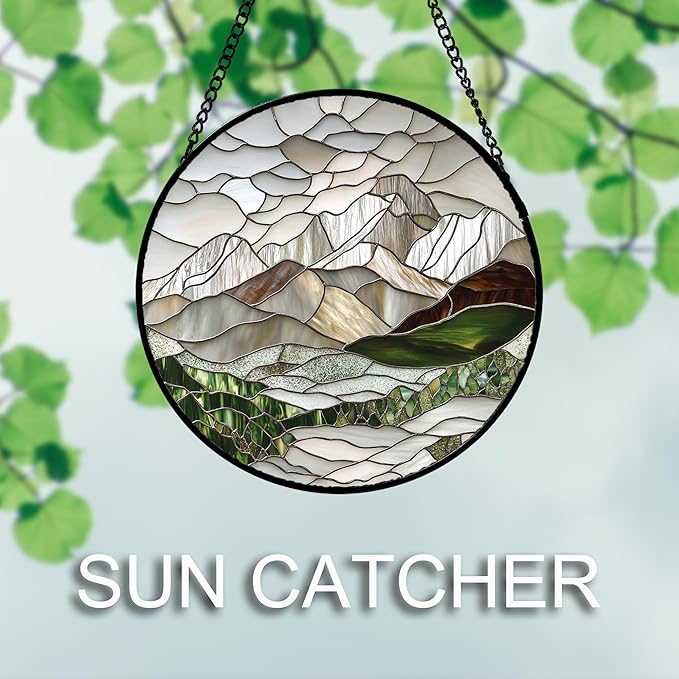 AMDERVEN Stained Glass Window Hanging 4 Pcs Set Mountain River Landscape 6.3" - Suncatcher Door Garden Sun Catcher Decor Birthday Mother's Day for Mom Woman Nana Girl Boy Friend