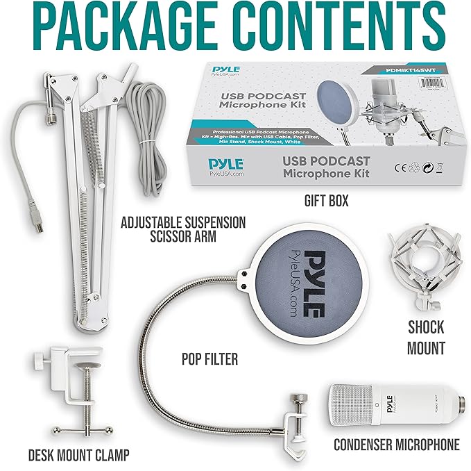 Pyle USB Condenser Microphone Streaming Kit - Professional Computer/Mac Mic Audio Cardioid Boom with Adjustable Arm Stand & Pop Filter for Podcast, Gaming, Studio, YouTube