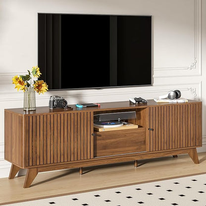 Oubayajia Mid Century Modern TV Stand for Televisions up to 70 Inches, with Sliding Doors and Storage, Curved Edge Television Stands, TV Consoles, Media Consoles for Living Room (Walnut, 70inch)