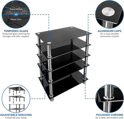 Mount-It! Tempered Glass AV Component Media Stand, Audio Tower and Media Center with 5 Shelves, 220 Lbs Total Capacity, Black Shelves Chrome Legs (MI-8671)