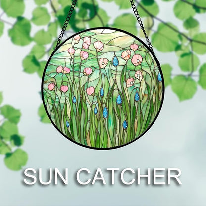 AMDERVEN Stained Glass Window Hanging 4 Pcs Set Pink Green Spring Saplings Flowers Large 15" - Suncatcher Door Garden Sun Catcher Home Decor Mother's Day for Woman Nana Mom Men