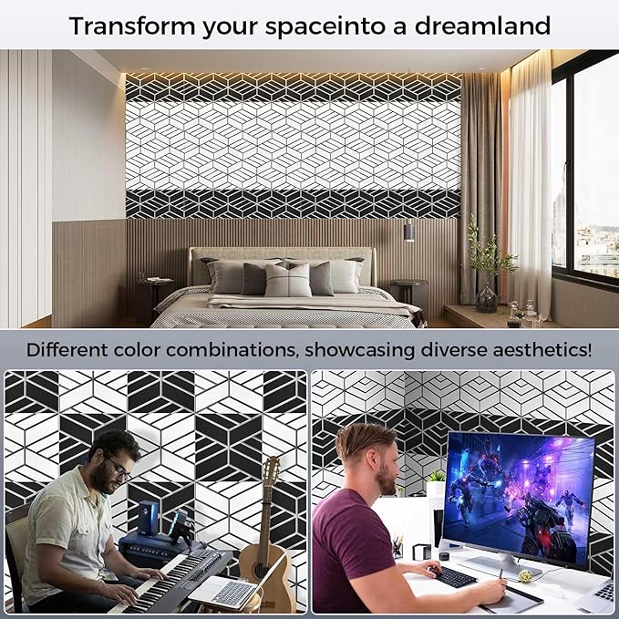 8 Pack 2-Layer Soundproof Wall Panels, 12 x 12 x 0.43 in Sound Proof Foam Panels for Walls, 1.1lb/ft³ High Density, Thicker 0.43 in, 3D Acoustic Panels,Artistic Noise Dampening Panels Black&White