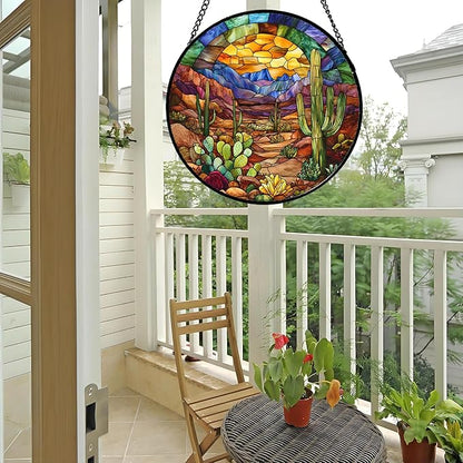 CRISGIF Stained Glass Window Hanging Cactus Mountains Landscape Large 15" - Suncatcher Door Garden Sunroom Sun Catcher Home Decor Birthday Christmas for Mom Men Woman Nana