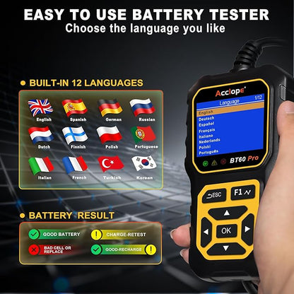 Acclope BT60 Pro Car Battery Tester, Digital Analyzer with Cloud Printing, 100-3000 CCA Range for 6V/12V/24V AGM, Lithium, Gel Batteries, Automotive Charging System