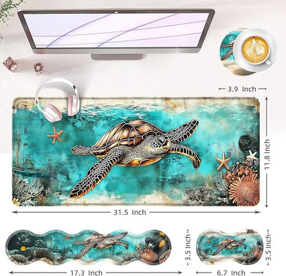 BFUKVOU Large Keyboard Mouse Pad Set, Extended Mouse Pad+Keyboard Wrist Rest Support, Memory Foam Ergonomic Easy Typing, 4Pcs (31.5×11.8 in) Desk Pad Set for Office Home,Watercolor Sea Turtle