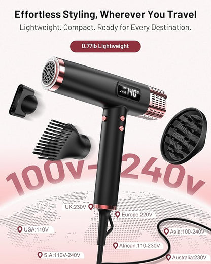 MESCOMB Travel Hair Dryer with Diffuser, 1875W Dual Voltage Ionic - Fast Drying & Frizz Control for Thick/Curly Hair, Lightweight Low Noise for Hotels/Apartments/Home Use, Worldwide Travel (110-240V)