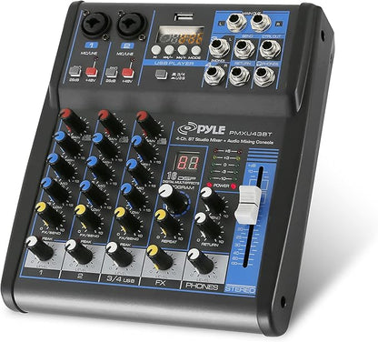 Pyle Professional 4 Channel Audio Mixer with Bluetooth - DJ Sound Board - USB Computer Input - Built-in MP3 Player - 48V Phantom Power - 3 Band EQ - 16-Bit DSP FX - Band, Studio Ready - PMXU43BT