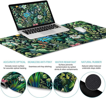 LIMKRIAN Floral Mouse Pad Large Desk Mat Set, Green Ergonomic Mouse Pad with Wrist Rest Keyboard Wrist Support XXL Mousepad Cup Coaster Set, Cute Green Office Desk Accessories Decor Supplies