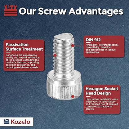 Kozelo 50pcs Socket Head Cap Screws - [M6-1 x 12mm] 304 Stainless Steel Allen Socket Drive for Electrical Motor 3D Printing Fan Engine Replacement Use, Silver