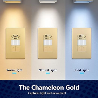 LIDER Humidity Sensor Switch and Motion Sensor Light Switch, PIR Sensor, Humidity Detection, Occupancy/Vacancy, No Neutral Required, ¼ HP, 1-Pole, Gold, Screwless Wall Plate Included