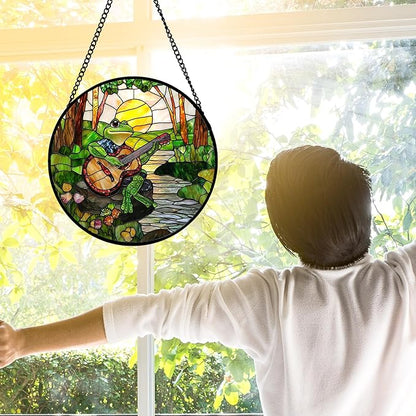 DASTOLL Stained Glass Window Hanging, Frog Playing Guitar Suncatcher Diamond Glass Panel Funny Sun Catchers Decor for Birthday for Women, Men, Wife, Aunt, and Mom 9.8 in