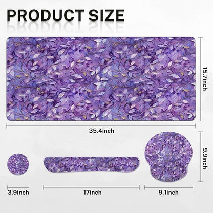 Britimes Purple Oil Painting Leaves Keyboard Mouse Pad Set Plant 4in1 Large Mousepad+Keyboard Wrist Rest+Mouse Wrist Rest+Coaster Ergonomic Design for Home Office Computer 35.4x15.7 inches