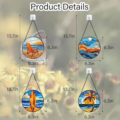 DASTOLL Stained Glass Window Hanging 4 Pcs Set Blue Orange Ocean Beach Theme 6.3" - Suncatcher Door Garden Sun Catcher Decor Birthday Christmas for Mom Woman Nana Men Wife