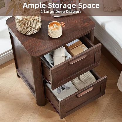 Joaxswe Farmhouse Nightstand Set of 2 with Charging Station, End Tables Bedroom with 2 Large Drawers & 4 Thickened Table Legs, Walnut