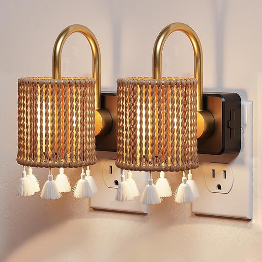 L LOHAS LED Night Lights Plug into Wall, 2 Pack Boho Fabric Cylinder Night Light with Tassel, Dusk to Dawn Sensor, 0-100LM Dimmable Night Lights, Vintage Nightlight for Bedroom, Living Room, Hallway