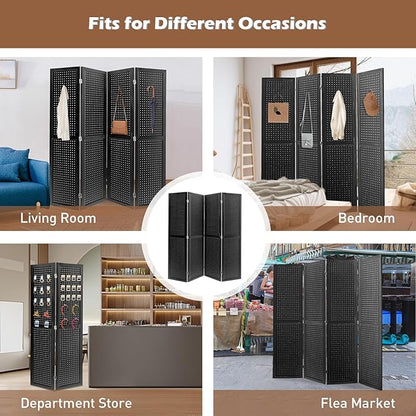 ECOMEX 4 Panel Room Divider, 5.6Ft Pegboard Display Wooden Room Divider Folding Privacy Screen Room Divider Freestanding Peg Board Display for Trade Show Craft Show Home Wall Organizer, Classic Black