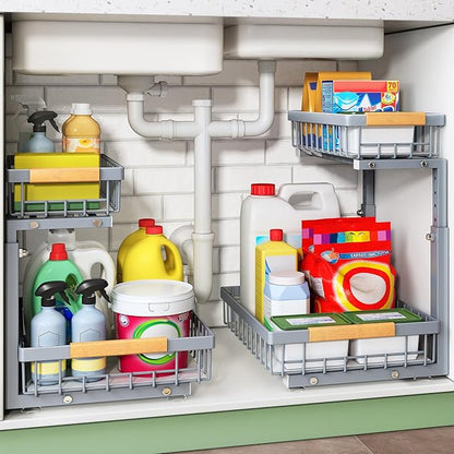 Kitstorack Under Sink Organizer, 2 Packs 2 Tier Under Sink Organizers and Storage, Slide out Pull out Cabinet Organizer Shelf, Metal Sliding Drawer for Kitchen Bathroom Pantry Closet Rack(Grey)