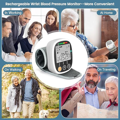 Wrist Blood Pressure Monitor for Home Use, Rechargeable Bp Machine Automatic Digital BP Monitor with Voice Broadcast, Large LCD Display, 2×99 Memory BP Cuff 5~7.7in, Black