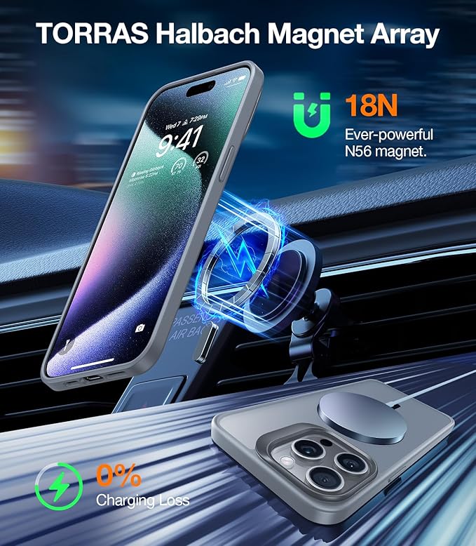 TORRAS Magnetic for iPhone 15 Pro Case, Compatible with MagSafe, Invisible Camera Kickstand, Military-Grade Shockproof Translucent Anti-Scratch Hard Back and Soft Edge Phone Case, Natural Titanium
