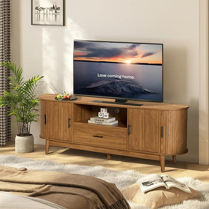 Mxtxmy 63" Fluted TV Stand for Tvs up to 70", Mid-Century Modern Entertainment Center with Drawers and Fluted Doors, Curved TV Media Console Table with Sliding Doors for Living Room, Bedroom (63")
