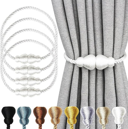 Nieffeiy Magnetic Curtain Tiebacks Outdoor Curtain Tie Backs Rope Decorative Magnetic Curtain Holders for Drapes Window Treatment Holdbacks, White 4Pack