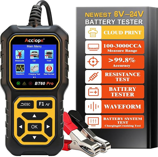 Acclope BT60 Pro Car Battery Tester, Digital Analyzer with Cloud Printing, 100-3000 CCA Range for 6V/12V/24V AGM, Lithium, Gel Batteries, Automotive Charging System