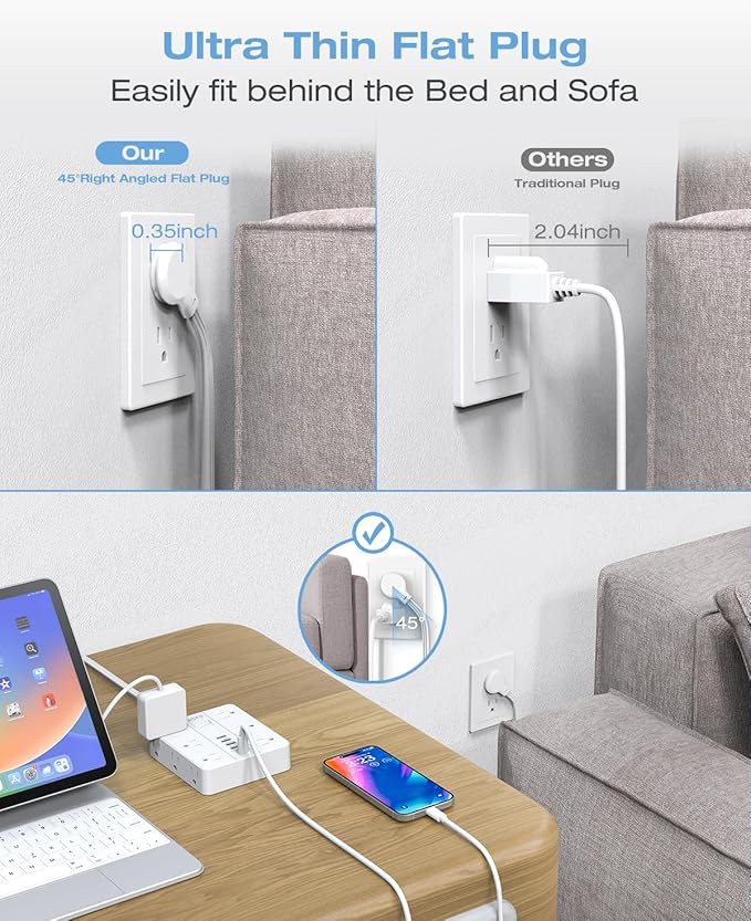AOFO 15FT Surge Protector Power Strip,12 AC Outlets with 6 USB Ports (2 USB-C), Flat Plug Extension Cord with Multiple Outlets, Wall Mount for Home Office,Dorm, White