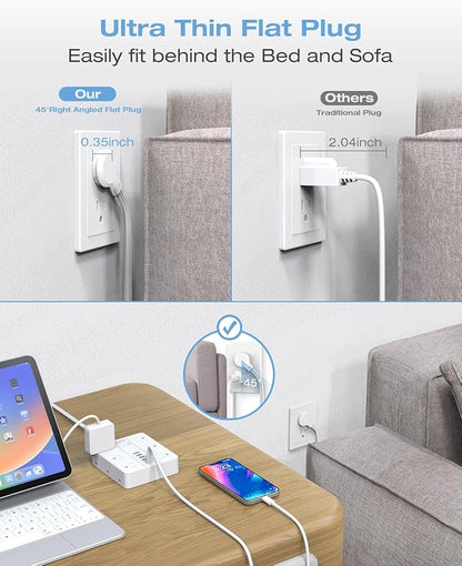 AOFO 20FT Surge Protector Power Strip,12 AC Outlets with 6 USB Ports (2 USB-C), Flat Plug Extension Cord with Multiple Outlets, Wall Mount for Home Office,Dorm, White