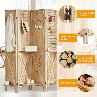 Aleesing 6 Panel Pegboard Display with Shelf, Wooden Pegboard Room Divider Wall with 24 Hooks, Partition Room Dividers and Folding Privacy Screens, Bedroom, Jewelry Store, Natural