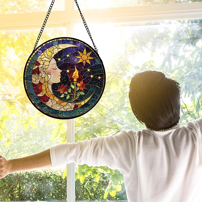 DASTOLL Stained Glass Window Hanging, Moon Goddess Torch Suncatcher Diamond Glass Panel Hangings Dream Sun Catchers Decor for Birthday for Women, Men, Wife, Aunt, and Mom 9.8 in