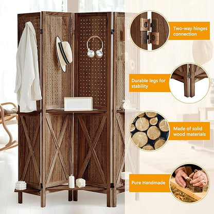 Aleesing 4 Panel Pegboard Display with 16 Hooks, Wooden Pegboard Room Divider Wall with Shelf, Partition Room Dividers and Folding Privacy Screens, Bedroom, Jewelry Store, Brown