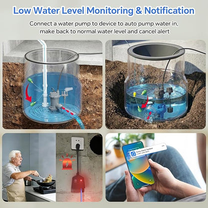 Sump Pump Alarm WiFi, Smart High/Low Water Level Alarm, Free App Notification & 120dB Alarm, Built-in Backup Battery, IPX4 Waterproof, with 10ft Float Switch for Basement Sump, Water Tank, Septic Tank