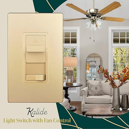 TOPGREENER Kalide Light Switch and 3-Speed Ceiling Fan Control Combo, in Wall Light and Fan Combination Switch, Single Pole, 2.5A, 720W, Neutral Wire Not Required, TGSFS3-GD, Gold