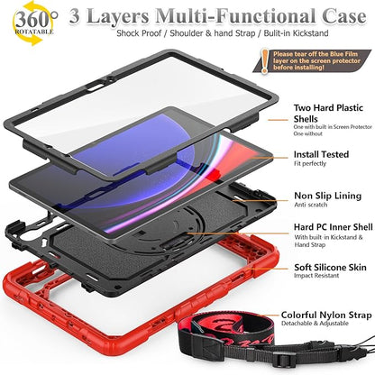 SEYMAC stock Case for Samsung Galaxy Tab S10 FE / S9 / S9 FE 5G Tablet Case Protective with Screen Protector, Pencil Holder, 360 Rotate Stand, Hand Strap, Shoulder Strap, Red