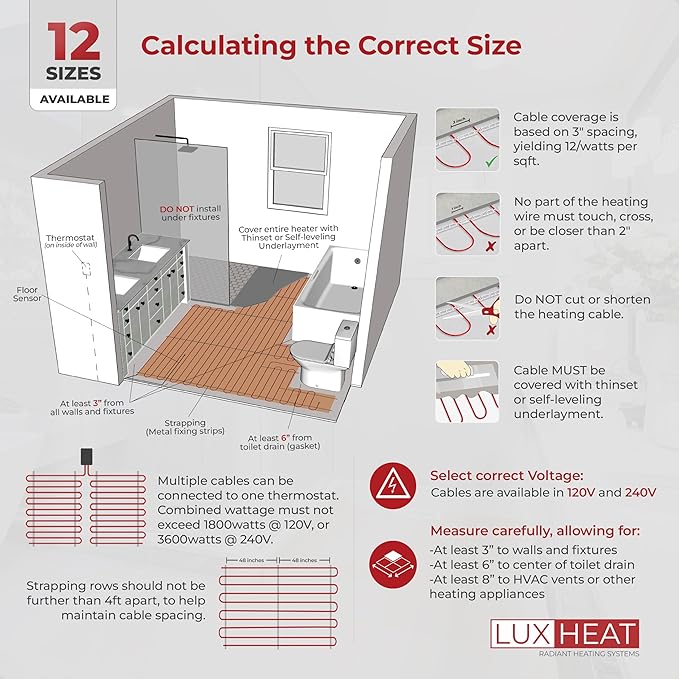 LuxHeat 60sqft Floor Heating Cable Kit - 240v Tile Floor Heating Kit - Heated Flooring System Includes UDG4 Programmable Thermostat w/GFCI, Heated Cable, Strapping, Flooring Sensor & Alarm