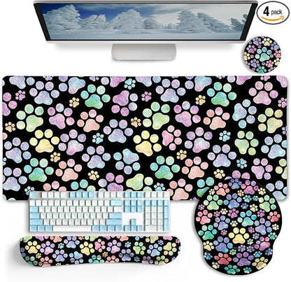 LIMKRIAN Dog Paw Mouse Pad Set XXL Large Desk Mat Pad, Cute Ergonomic Mouse Pad with Wrist Support Wrist Rest for Computer Keyboard, Cup Coaster Cute Cat Paw Office Supplies Desk Decor Accessories