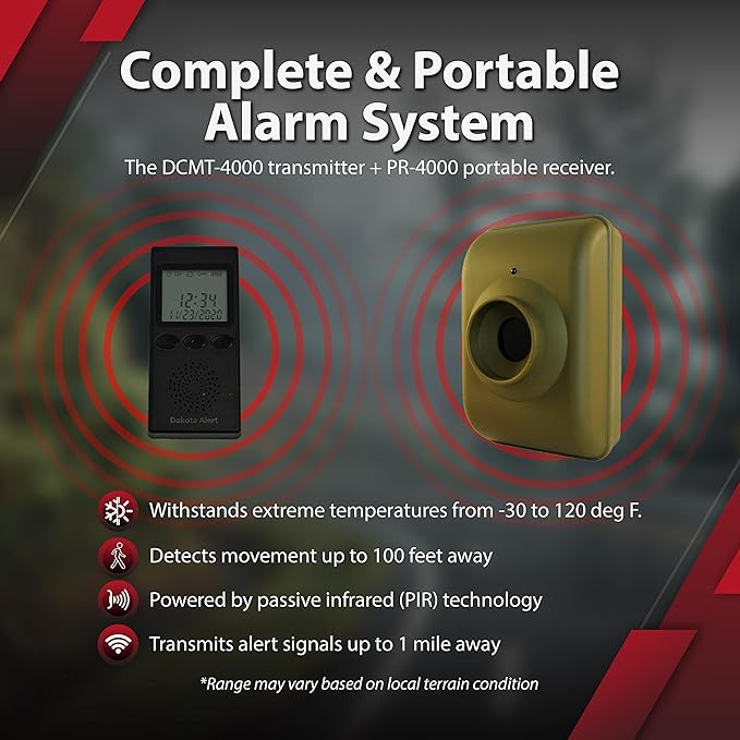 Long Range Motion Sensor System- Dakota Alert MTPR-4000 Wireless Motion Detector & Receiver, Camping Perimeter & Trip Wire Alarm Device, Monitor Driveways, Backyards, Entrances, Deer Trails and More