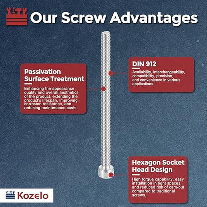 Kozelo 5pcs Socket Head Cap Screws - [M6-1 x 90mm] 304 Stainless Steel Allen Socket Drive for Electrical Motor 3D Printing Fan Engine Replacement Use, Silver