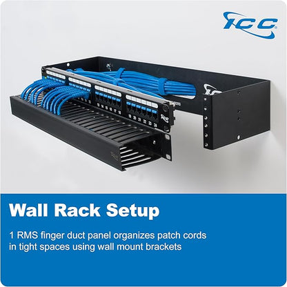 ICC 1U Finger Duct Cable Manager Panel with Cover, Plastic with Metal Back Frame, 5" Depth, Horizontal Cable Management, Rackmount for 19” Network Racks, Black, Single Pack