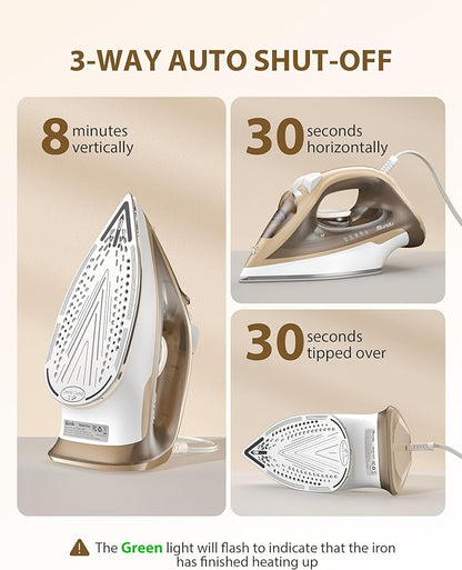 1500W Steam Iron for Clothes with 11.84oz Water Tank, 15-Second Fast Heat-Up, Ceramic Soleplate, Anti-Drip & Auto-Off, Burst of Steam & Self-Cleaning