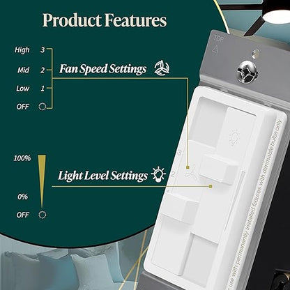 TOPGREENER Combo Dimmer Switch with 3-Speed Fan Control, Light and Fan Combination Switch, Single Pole, 200W LED/CFL, Neutral Wire Not Required, Wall Plate Included, TGDSFS3-W-2PCS, White, 2 Pack