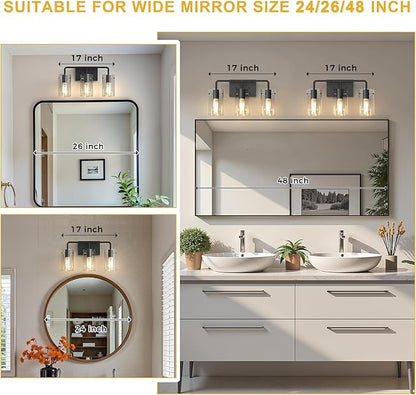 L LOHAS LED 3-Light Bathroom Light Fixtures, 17.71" Black Bathroom Vanity Light with Straight Glass Shades, Modern Vanity Lights for Bathroom Light Fixtures Over Mirror Living Room Hallway, E26, ETL