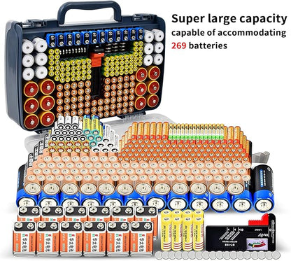 Aptbyte Battery Organizer Storage Holder Box Case with Tester- 269 Batteries Double-Sided Variety Pack, Holds AA AAA 4A C D Cell 9V 3V Lithium LR44 CR2 CR123 CR1632 18650 Button- Blue (Box Only)
