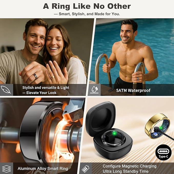 RIFESI Smart Ring for Women Men, Fashion Minimalist Fitness Ring & Sleep Tracker Ring with Heart Rate, Blood Pressure,5ATM Waterproof Health Ring,Gifts for Women Men Gift,No Subscription (8,Black)