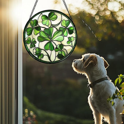 CRISGIF Stained Glass Window Hanging - Ireland Green Lucky Clover Suncatcher for Doors Garden St. Patrick's Day Sun Catchers Decor Mother's Day Birthday for Women Men Mom Nana 11.8 in