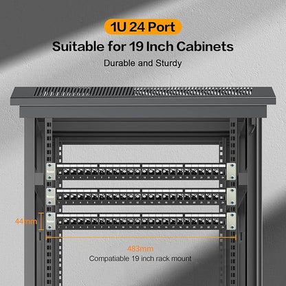 PBAEGAV 24 Port Patch Panel Blank UTP/STP 1U 19“ Keystone Patch Panel with Cable Management and Support Bar Compatible with LC/SC/ST/FC/USB/HDMI Keystone Jack(24 Port)