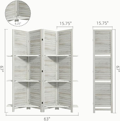 HOMCOM Room Divider, 4 Panel 67" Tall Wood Privacy Screen with 3 Display Shelves, and Folding Storage for Bedroom or Home Office, Distressed White
