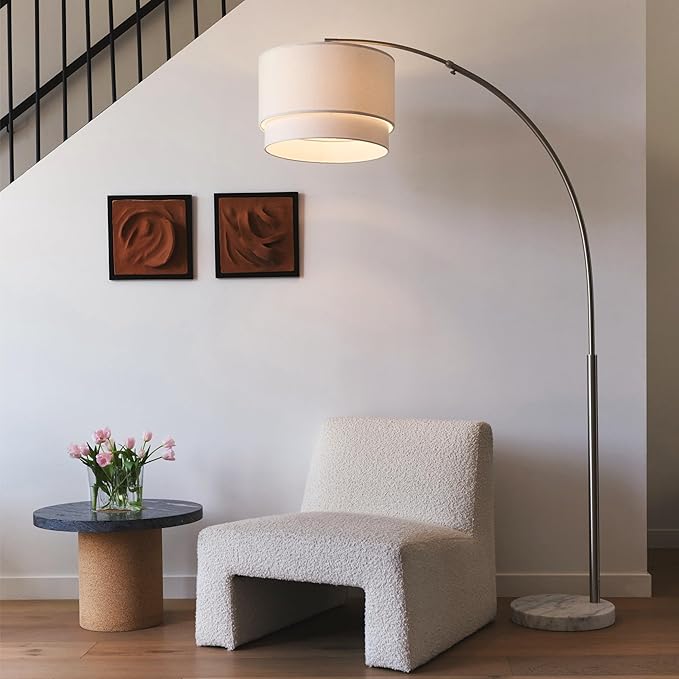 Brightech Mason Arc Floor Lamp - Modern Corner Standing Lamp with Unique Hanging Drum Lamp Shade for Living Room - Bright Overhead, Curved Hanging Light for Bedroom. Library, Den - Nickel