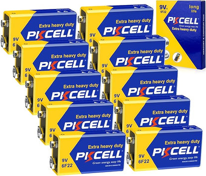 PKCELL 9V Batteries, 10 Pack 9 Volt Batteries Carbon Zinc, 9V Battery for Smoke Detector, Alarms, 6F22 Square Battery